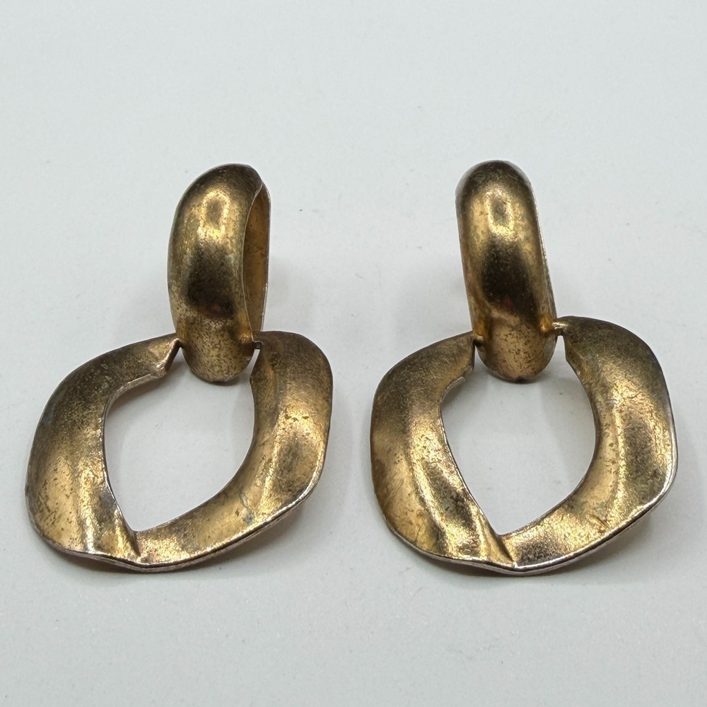Gold Tone Geometric Door Knocker Dangle Earrings Chunky Statement Pierced Pair - Picture 6 of 13